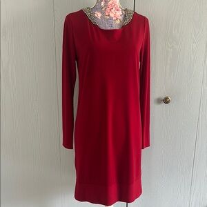 Daisy Fuentes Red Midi Dress with Embellished Neckline